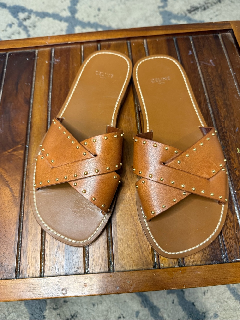 Celine Tan Leather Stud-Trim Slide Sandals